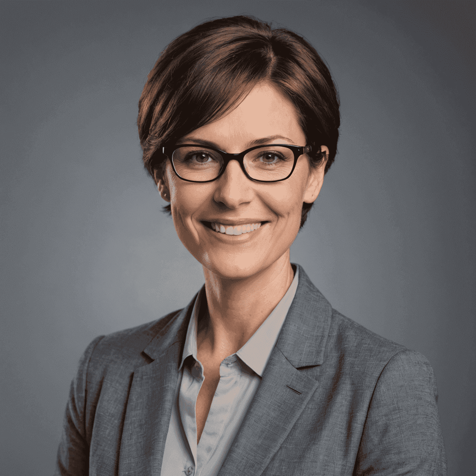 Portrait of Jane Smith, a woman in her mid-30s with short brown hair and glasses, wearing a professional grey blazer, smiling confidently at the camera