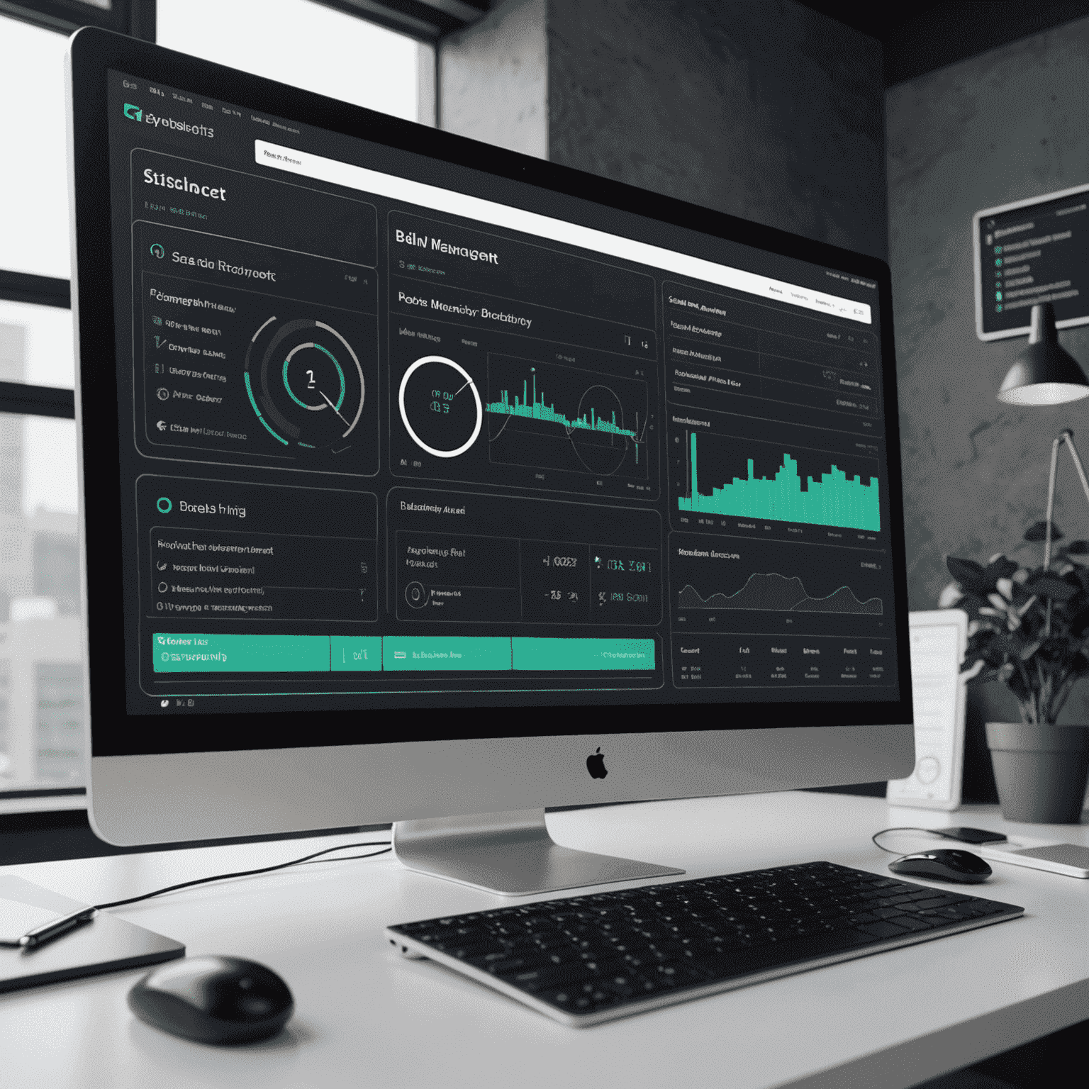 A futuristic interface showing AI-driven task management dashboard with various productivity metrics and project timelines