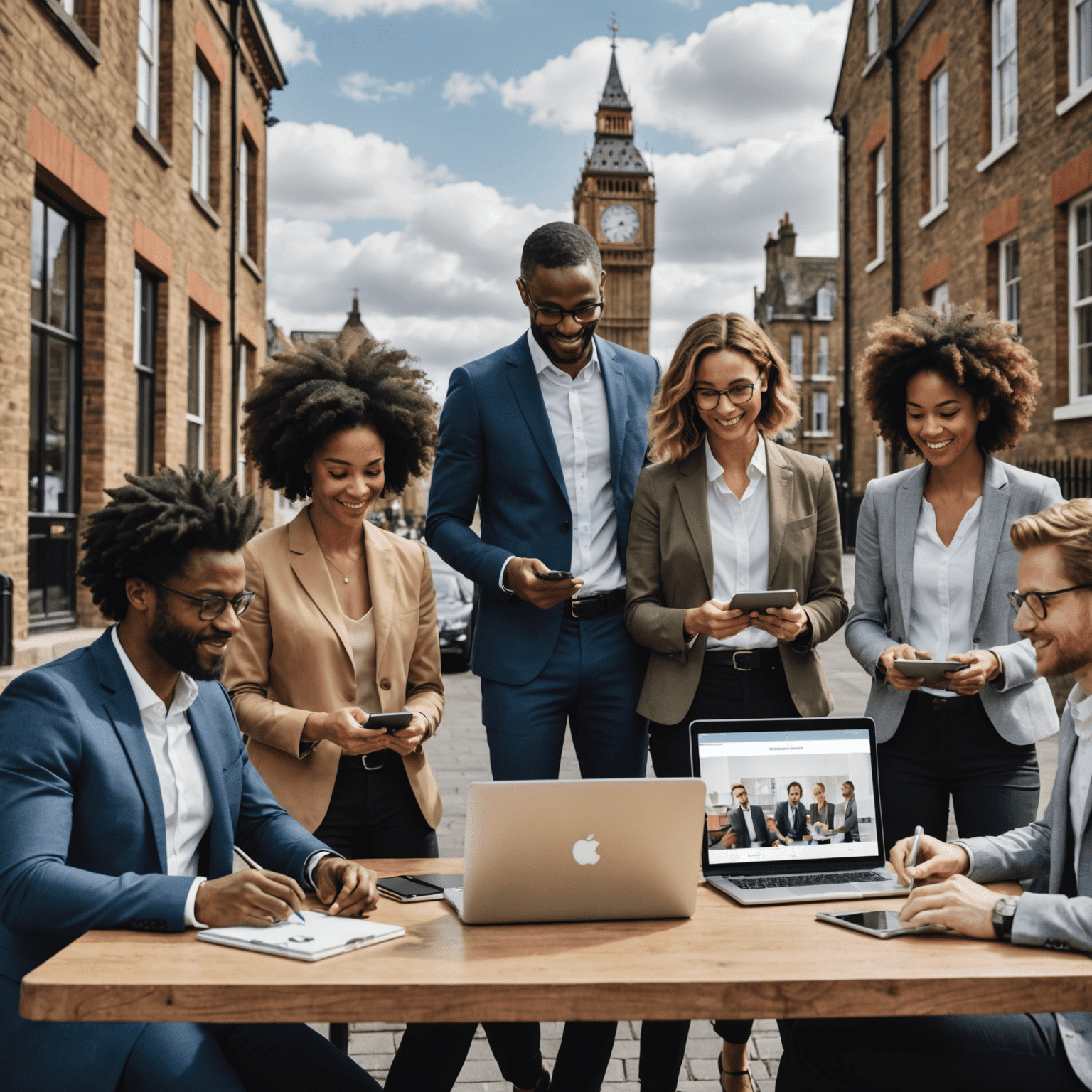 A group of diverse professionals collaborating remotely using various devices and cloud-based tools, showcasing seamless teamwork across different locations in the United Kingdom