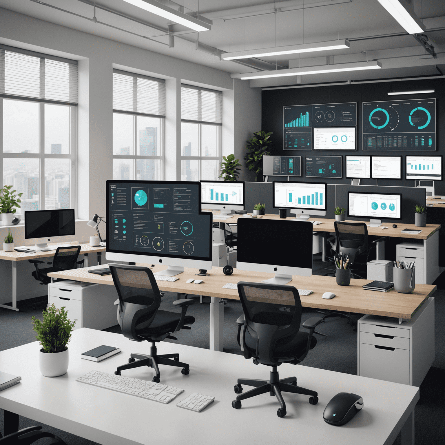 A modern office space with multiple computer screens displaying various automation tools and dashboards. The image showcases a clean, organized workspace with visual representations of workflow automation.