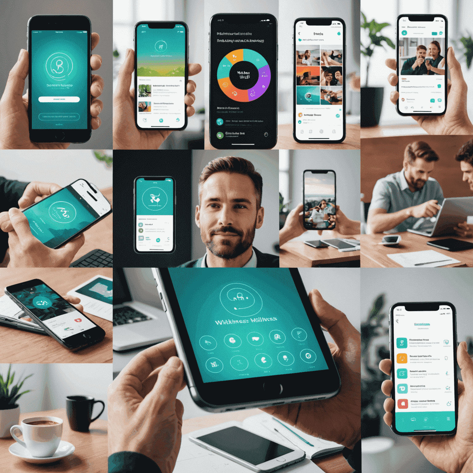 A collage of smartphone screens displaying various digital wellness apps, with a professional in the background balancing work items and leisure activities