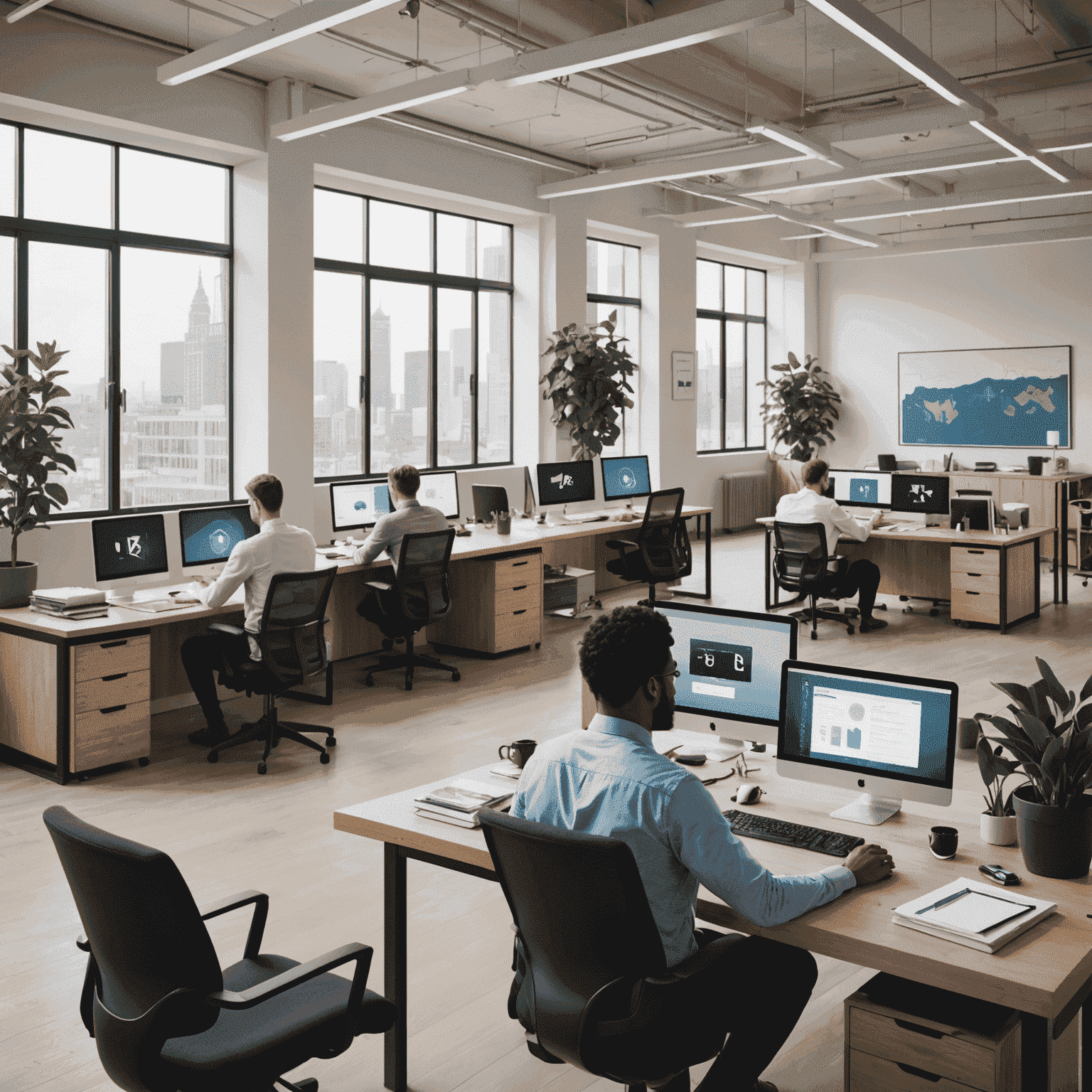 A modern office space with employees using various time-tracking devices and software on their computers and smartphones