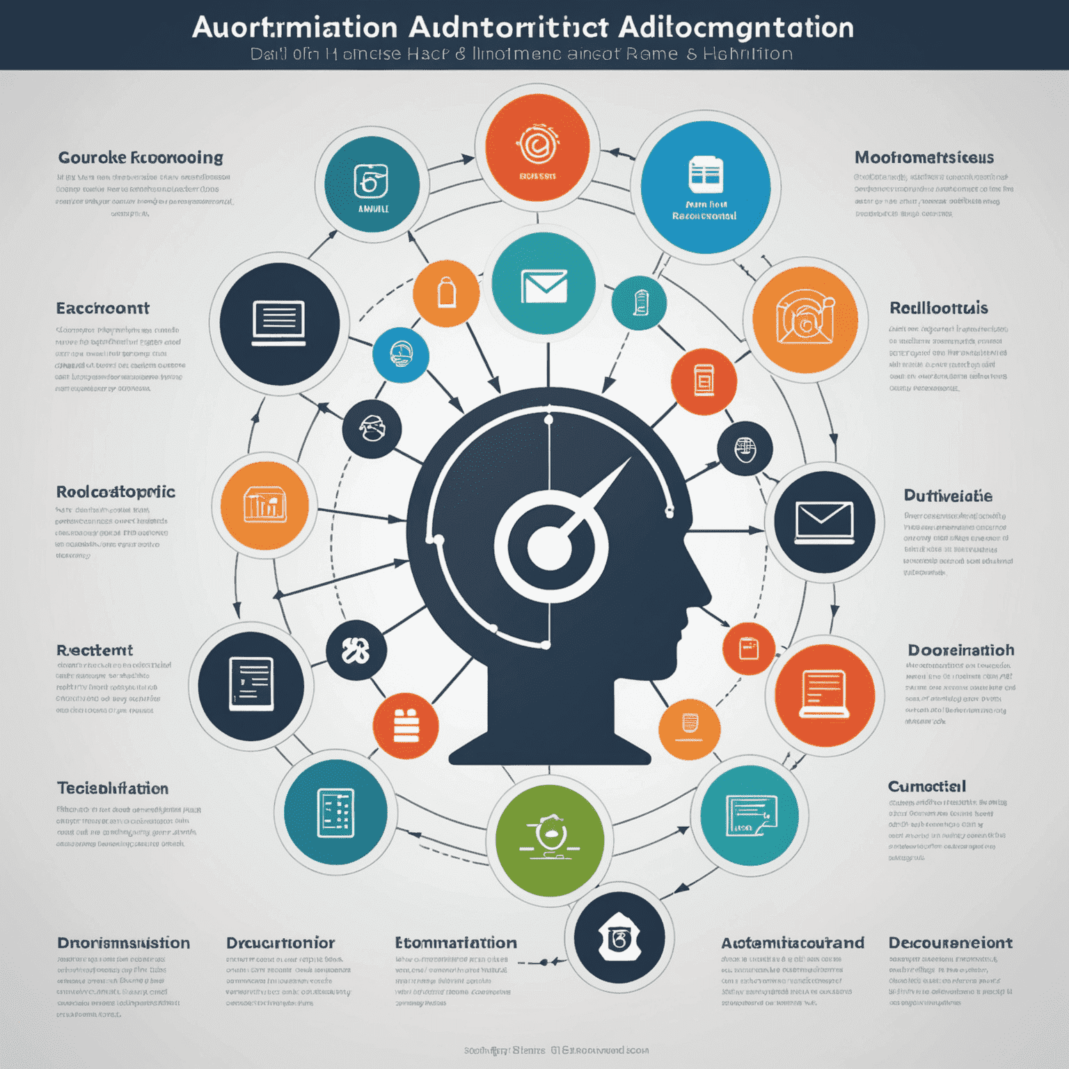 An infographic showing various automation techniques for administrative tasks, including email management, document processing, data entry, meeting scheduling, expense reporting, project management, and customer service automation.